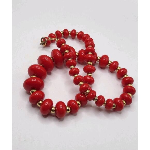 Vintage Napier Red Bead Necklace Gold Tone Spacers 18 Inch Bold Donut Beads - Picture 2 of 6